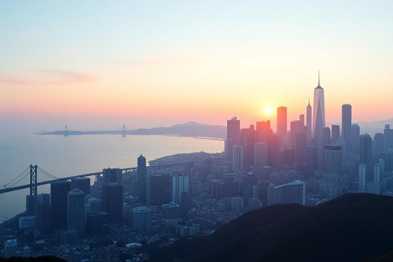 Panoramic view of the San Francisco skyline at dawn, with a focus on harmony and modern architecture.