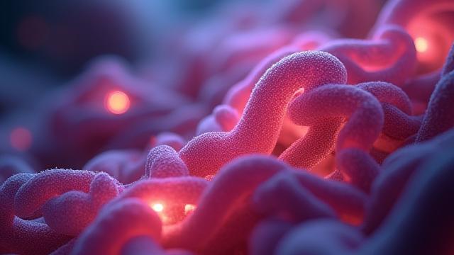 Microscopic view of healthy gut bacteria, vibrant and complex