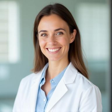 Dr. Evans, a sleep expert, smiling confidently