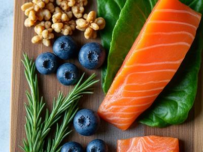 Assortment of brain-healthy foods like walnuts, blueberries, and salmon on a clean surface.