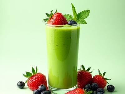 Vibrant green smoothie with berries in a glass, symbolizing energy.