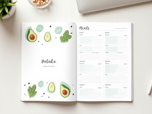 Mockup of a beautifully designed digital meal planner cover showing healthy food and meal schedule.